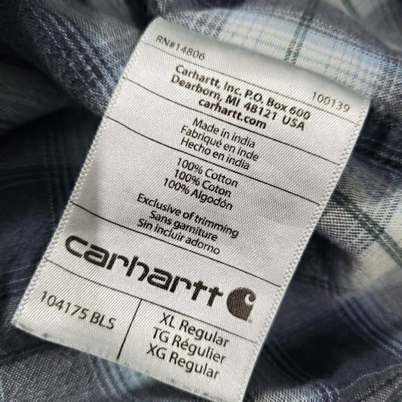 Carhartt Men's XL / X-Large Blue & White Plaid Short Sleeve Utility Cotton Shirt - Picture 5 of 5